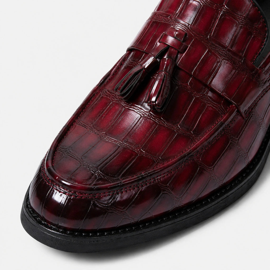 Mocassin Habillé Rouge Bordeaux à Glands Cuir Crocodile Homme | Serge