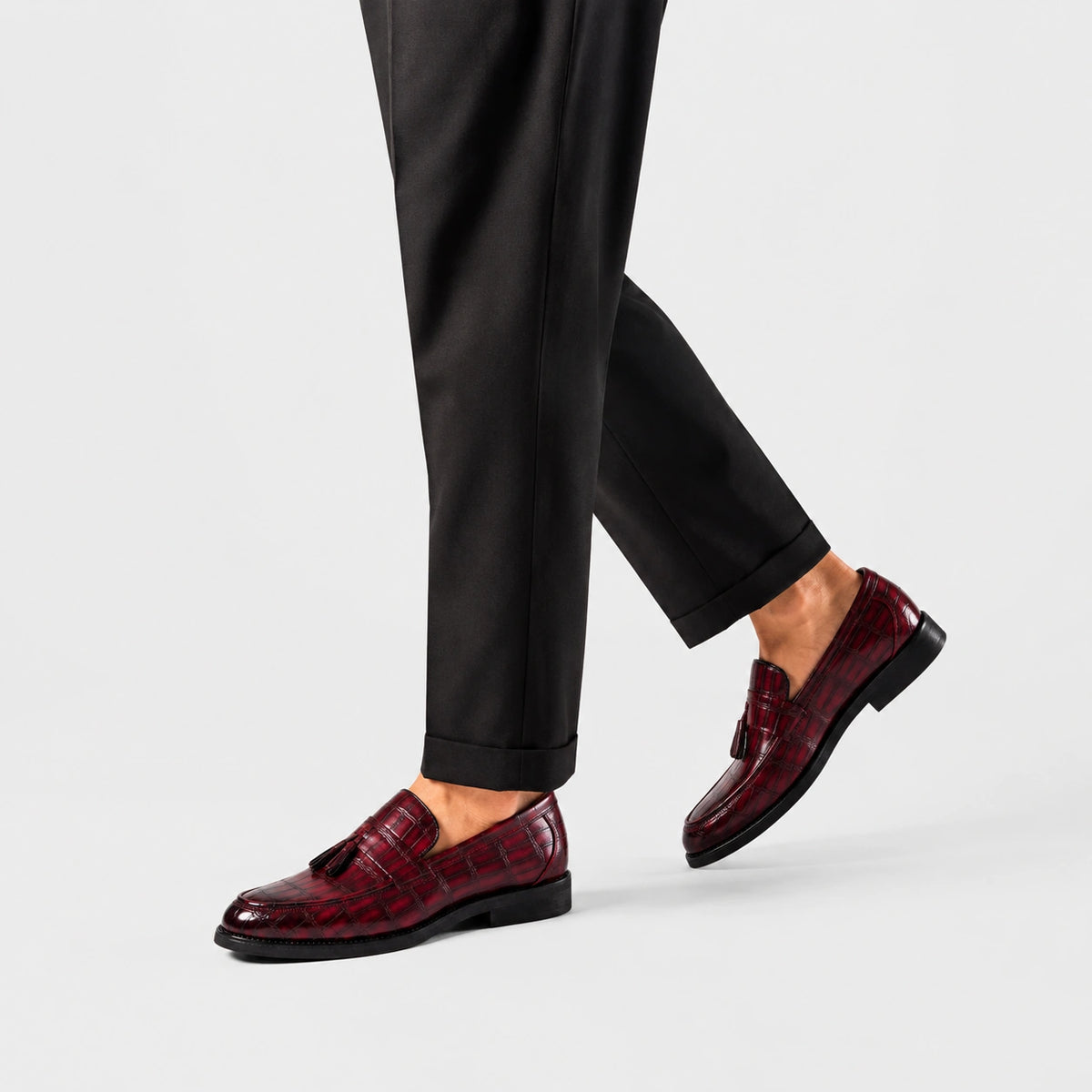 Mocassin Habillé Rouge Bordeaux à Glands Cuir Crocodile Homme | Serge