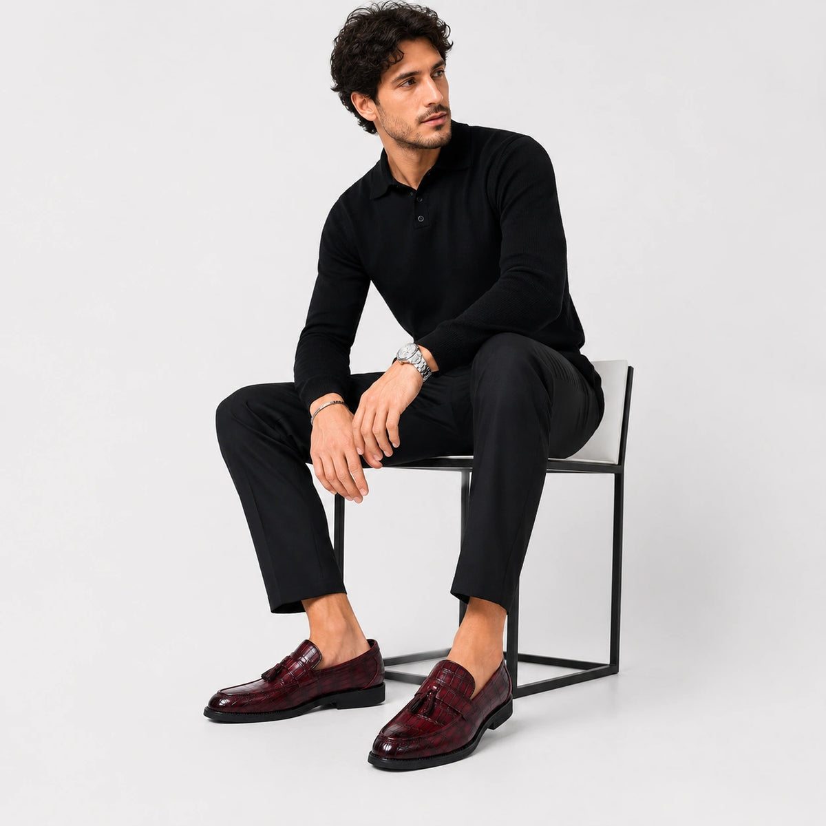 Mocassin Habillé Rouge Bordeaux à Glands Cuir Crocodile Homme | Serge