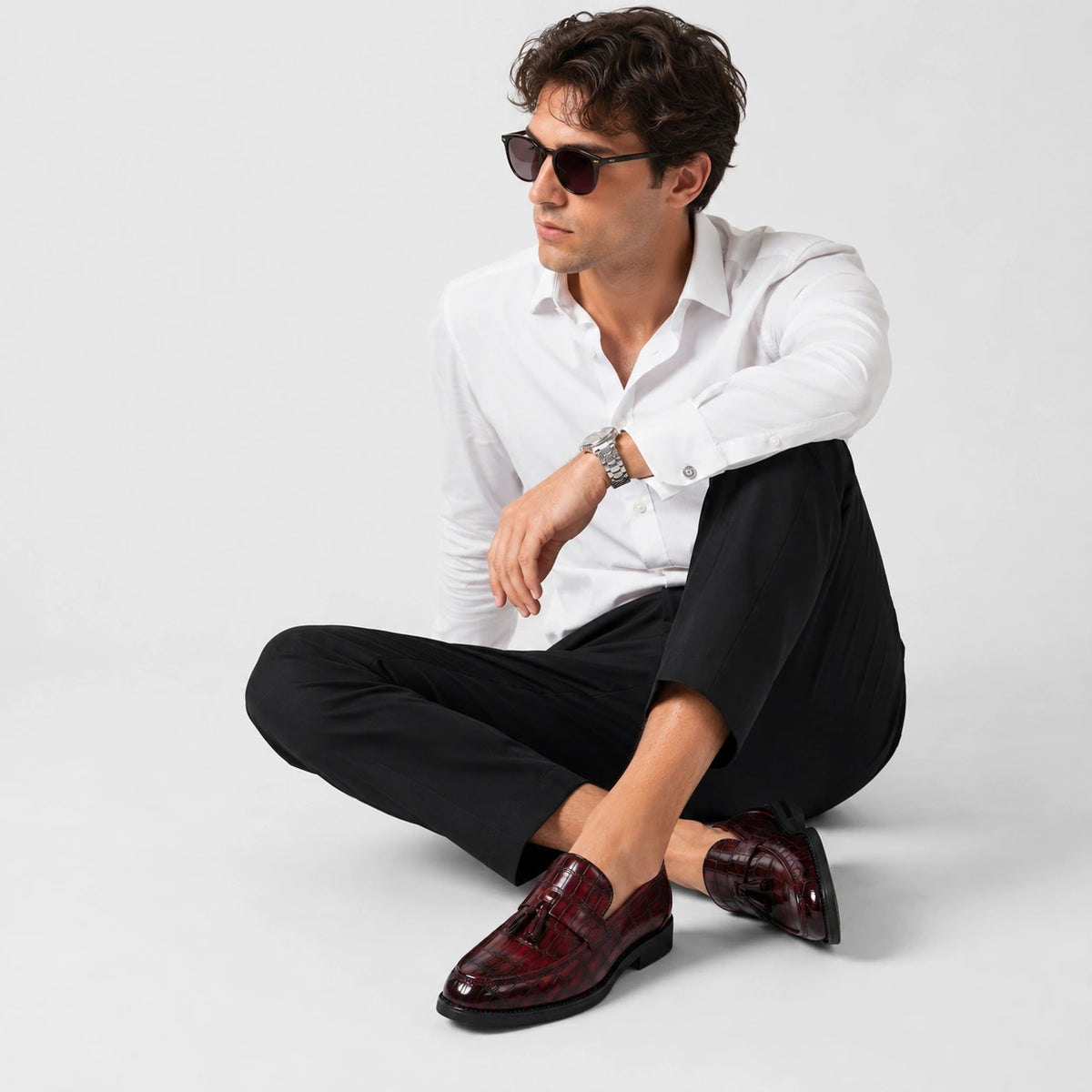 Mocassin Habillé Rouge Bordeaux à Glands Cuir Crocodile Homme | Serge