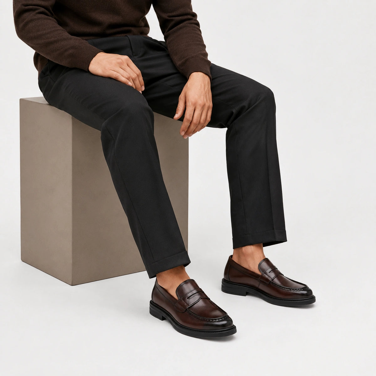 Mocassin Homme à Talon en Cuir Vintage Marron Foncé Vernis | Timeo