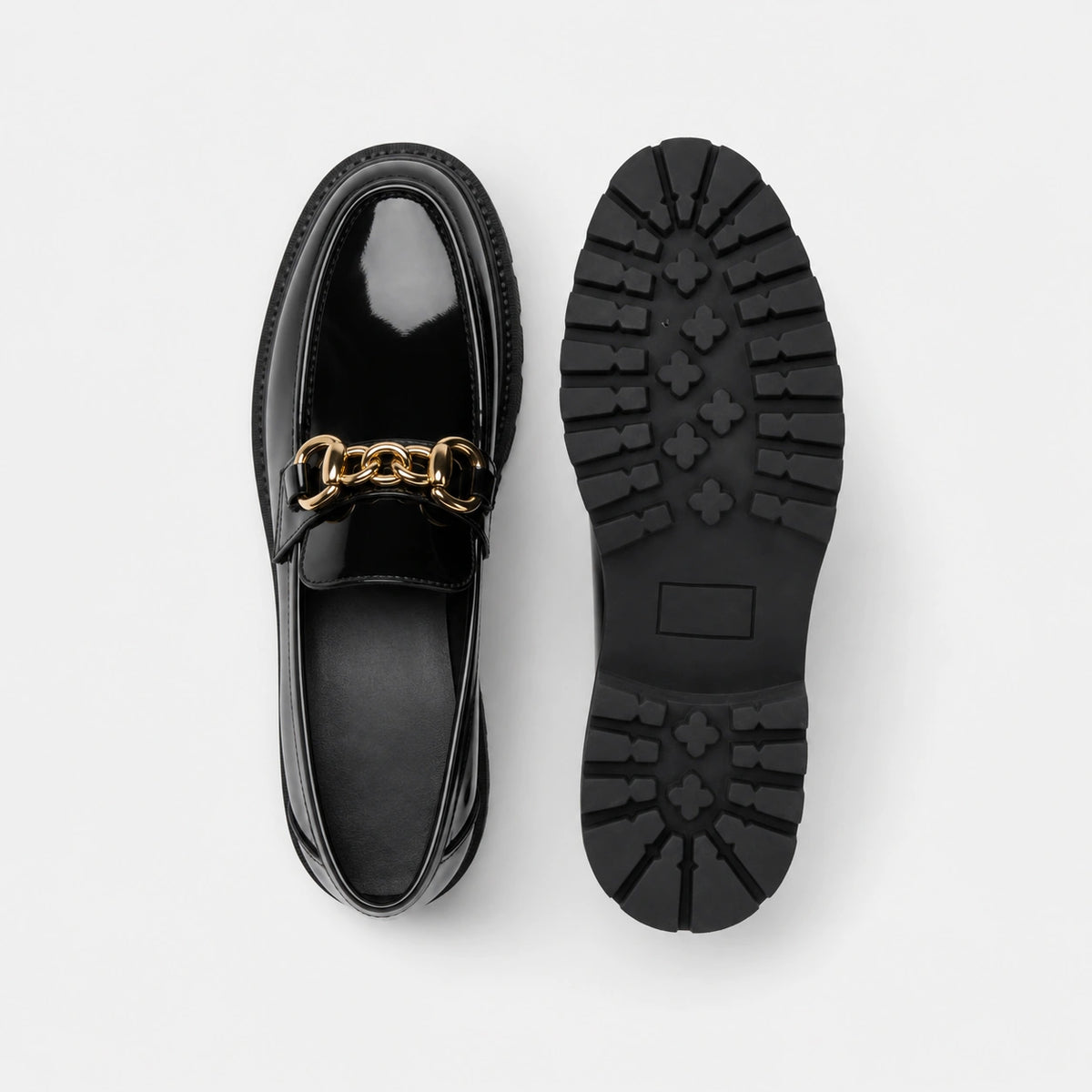 Mocassin en Cuir Noir Plateforme Vernis Brillant Chaînette | Salomé