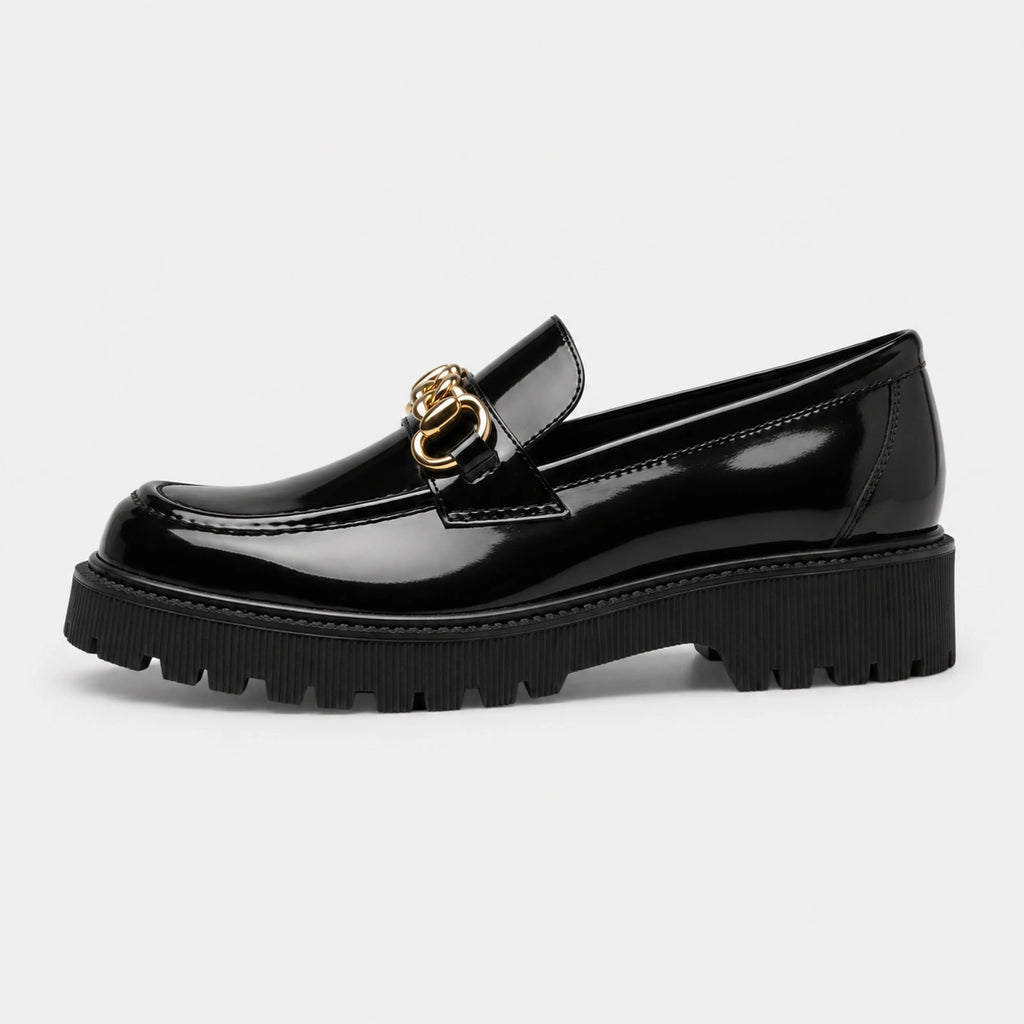 Mocassin en Cuir Noir Plateforme Vernis Brillant Chaînette | Salomé