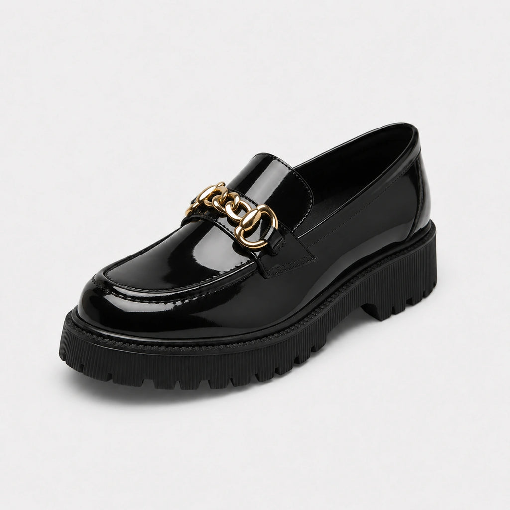 Mocassin en Cuir Noir Plateforme Vernis Brillant Chaînette | Salomé