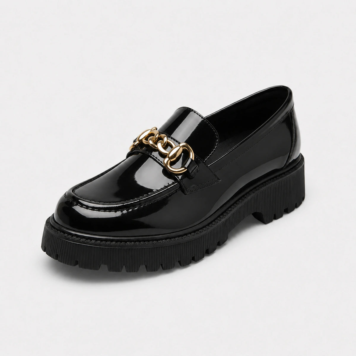 Mocassin en Cuir Noir Plateforme Vernis Brillant Chaînette | Salomé