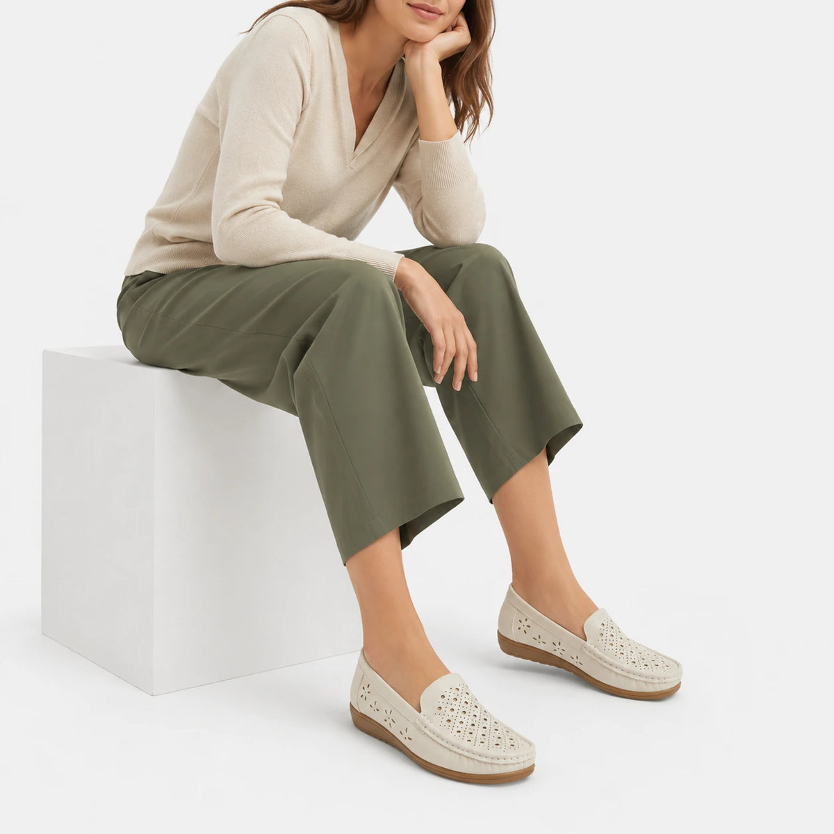 Mocassin en Cuir Beige Respirant Compensé Femme | Natacha